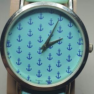 🦋10/$20🦋 Geneva Platinum Goldtone/Turquoise Anchor Print Women's Watch